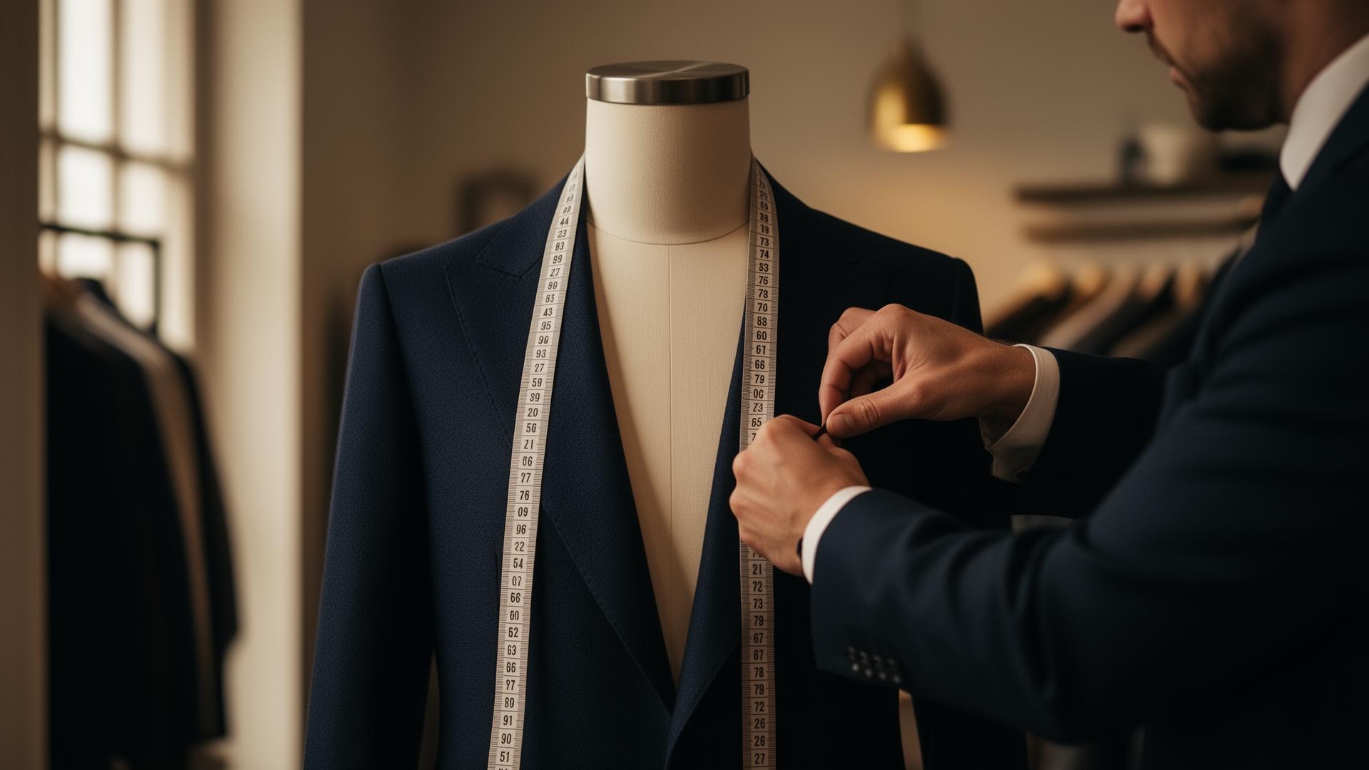 Skräddare mäter en mörkblå kostymjacka i ateljén — Knalleskräddar'n i Borås